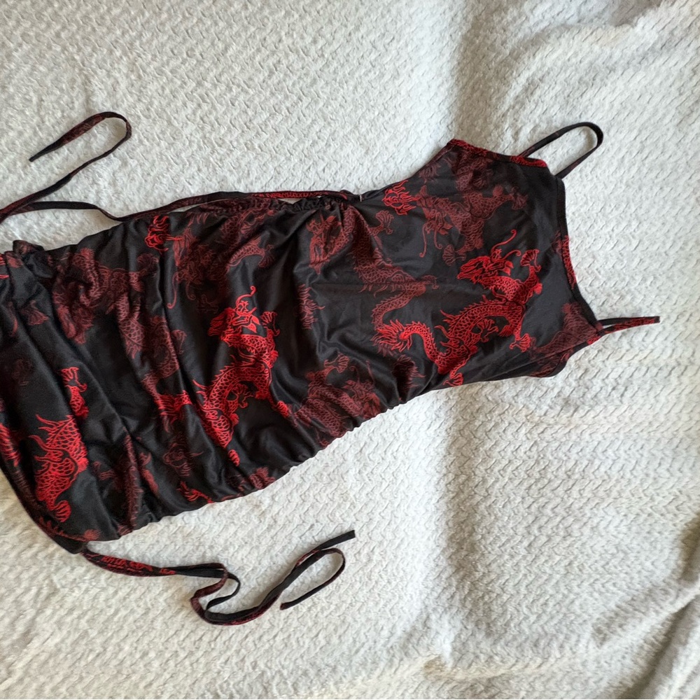 Black and Red Dragon Print Slip Dress
